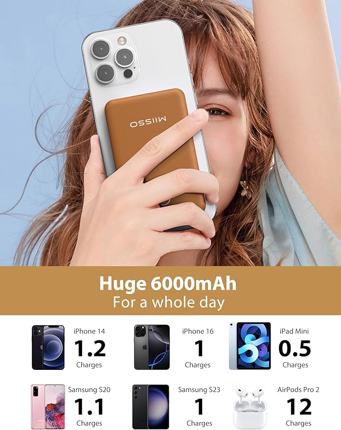miisso 6000mah Ultra Slim Built in Cables Power Bank, Card Size Built in USB C Cords Battery Pack Portable Charger for Phones, 3 Output External Battery Pack Compatible with iPhone, Brown