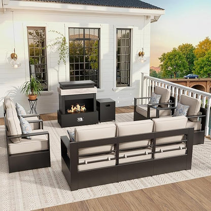 Aluminum Outdoor Conversation Furniture Set with Furniture Covers & 6" Cushions- Patio 79" Sofa with 4 Chairs & 63" Steel Propane Fireplace, 50,000 BTU Fire Pit with CSA Certified (Grey)