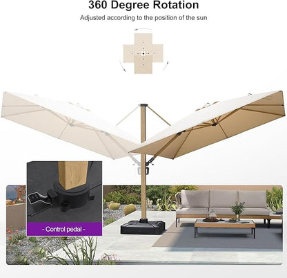 PURPLE LEAF 10FT Patio Umbrella Square Cantilever Umbrella Teak Finished Aluminum Frame Large Windproof Offset Outdoor Sun Umbrellas for Beach Pool Deck, Beige