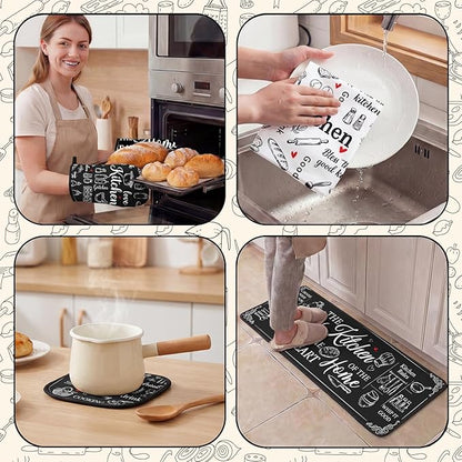 Black and White Kitchen Decor Set 10 Piece - Chalkboard Art Baking Theme Kitchen Rugs, Oven Mitts, Pot Holders and Towels - Modern Farmhouse Kitchen Rules Accessories