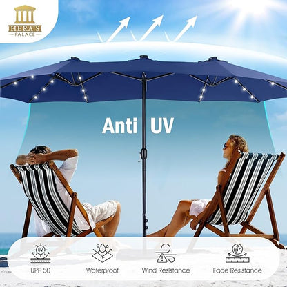 HERA'S PALACE 15ft Patio Umbrella with Base Included Double Sided Outdoor Umbrella for Patio Table Umbrella Outdoor 36 LED Solar Lights for Garden