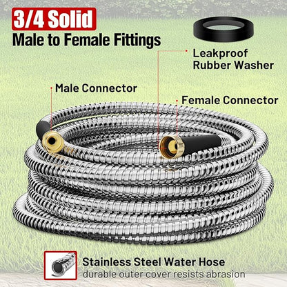 Garden Hose 25 ft, Stainless Steel Metal Water Hose 25 Feet with Nozzle, Flexible, Rust Proof, No-Kink, Heavy Duty, Leakproof 3/4 in Fittings, Lightweight Metal Hose, BT25S Model