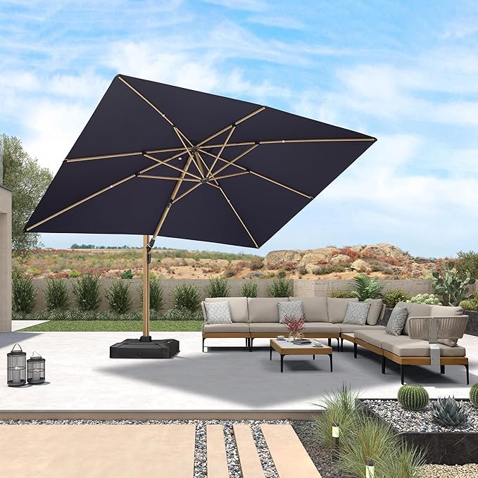 PURPLE LEAF 10‘ x 13’ Rectangle Patio Cantilever Umbrella With Base Large Hanging Umbrella Teak Finished Aluminum Frame Windproof Offset Outdoor Sun Umbrellas for Beach Pool Deck, Navy Blue