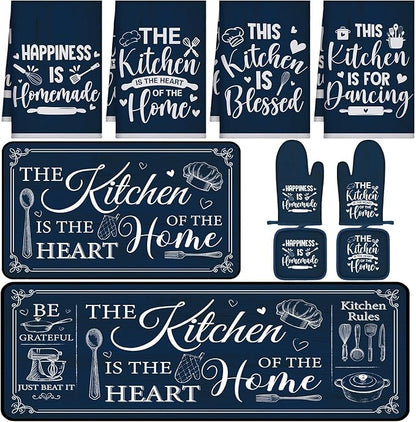 Fourluoo 10 Pcs Farmhouse Kitchen Decor and Accessories Set 4 Kitchen Towels 2 Pot Holders 2 Oven Mitts 2 Rugs for Cooking Baking Mom Housewarming Gifts(Dark Blue,Classic Style)