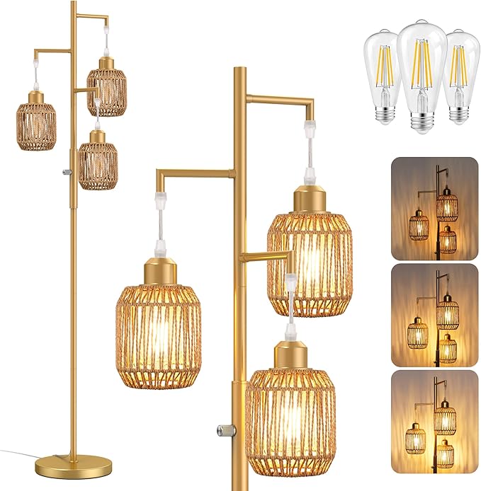 ROTTOGOON Dimmable Boho Floor Lamp - 3 Light Farmhouse Rattan Floor Lamp for Living Room, Industrial Tree Floor Lamps with 3 X 6W LED Bulbs, Rustic Standing Tall Lamp for Bedroom, 68", Gold