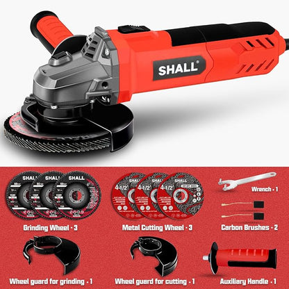 7.5Amp 4-1/2 Inch 12000 RPM Angle Grinder with 2 Guards, 3 Cutting Wheels, 3 Discs, Non-Slip Handle and Carbon Brush for Metal and Wood