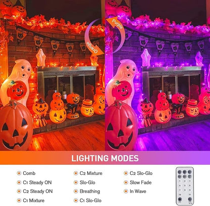 JMEXSUSS 2 Pack 33ft 100 LED Orange Purple Halloween Lights Indoor Outdoor, Color Changing Christmas Lights Plug in, Connectable Clear Wire String Light for Christmas Tree Party Xmas Decorations