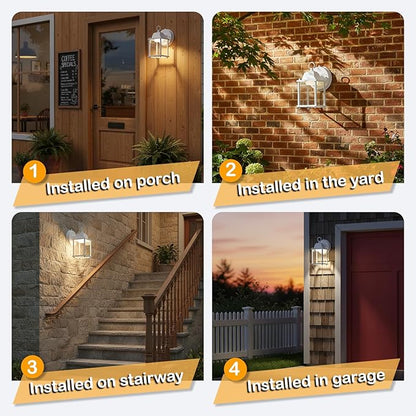 LIT-PaTH Dusk to Dawn Outdoor Wall Lantern, LED Wall Sconce, 3000K Warm White, 9.5W, 800 Lumen, Aluminum Housing Plus Glass, Outdoor Rated, 2-Pack, White