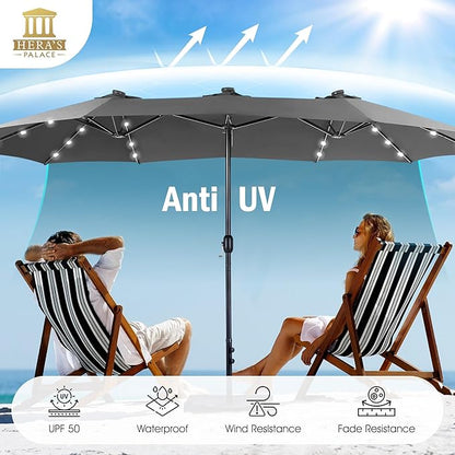 HERA'S PALACE 15ft Patio Umbrella with Base Included Double Sided Outdoor Umbrella for Patio Table Umbrella Outdoor 36 LED Solar Lights for Garden