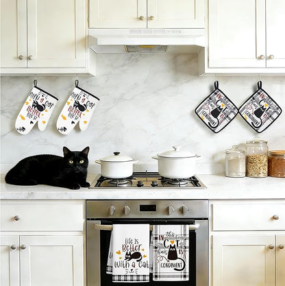 8 PCS Black Cat Decor Kitchen Decor and Accessories - 4 Dish Towels Set 2 Oven Mitts and Pot Holders Sets for Cat Lover Cooking Baking Cute Kitty Kitten Plaid Lightweight Housewarming Gifts