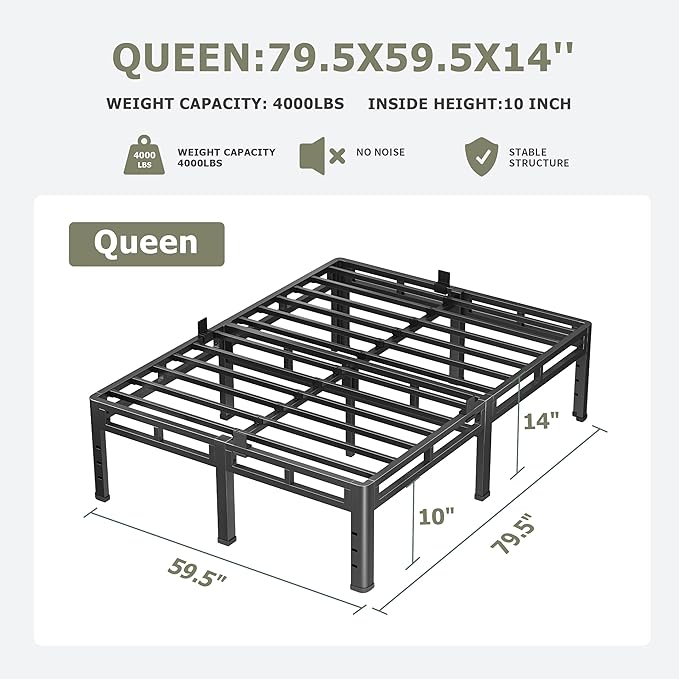 NKZ Queen Size Bed Frame 14 Inch, Metal Bed Frame & Box Spring 2 in 1 Platform with Round Corner Legs, 4000lbs Weight Capacity Reinforced Metal Frame, Headboard Hole, Noise-Free, Easy Assembly