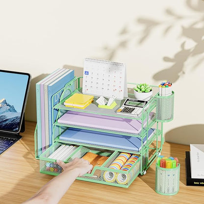Marbrasse Desk Organizer and Accessories，4-Tier Paper Letter Tray Organizer with File Holder, Desk Accessories & Workspace Organizers with Drawer and 2 Pen Holder (Green, 15.4" x 9.1" x 8.3")