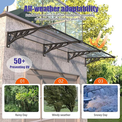 Door Awning Window Canopy, Modular Spliced Awnings for Outside,Porch,Patio,Deck,Polycarbonate Sheet,UV, Rain, and Snow Protection (Black Bracket & Transparent Board, 35 * 48'')