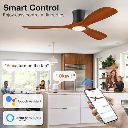 Smart 52” Wood Flush Mount Ceiling Fans with Lights Remote,Quiet DC Motor,Outdoor Indoor Low Profile Ceiling Fan,Voice Contorl with WIFI Alexa App Control,Modern fan for Bedroom Patio