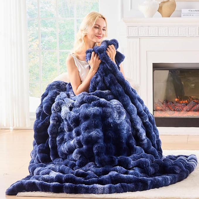 BENVWE Fluffy Faux Fur Throw Blanket for Couch, Soft Plush Thick Cozy Fuzzy Luxury Minky Bubble Blanket for Home Living Room Decor Gift for Women, Tie-dye Blue, 51" x 63", 1100GSM