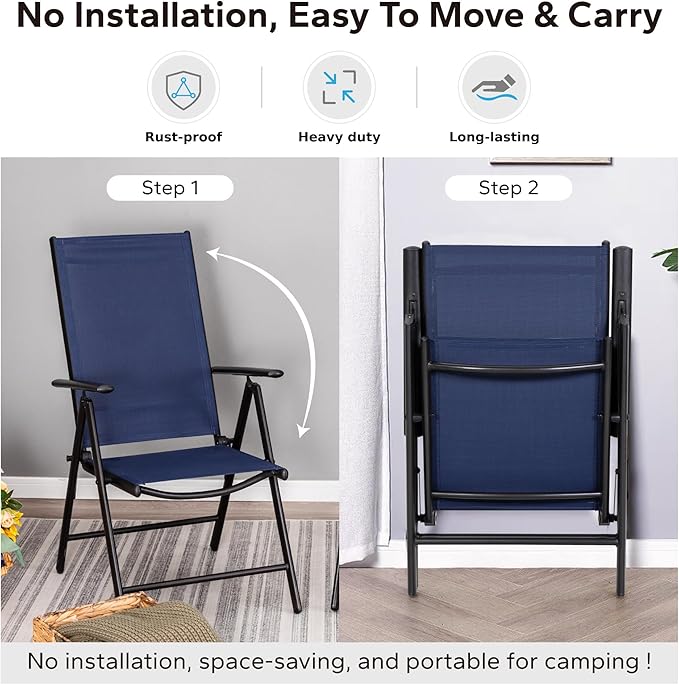 MFSTUDIO Patio Folding Chairs Set of 6, Outdoor Patio Dining Chairs, Portable Blue Sling Patio Chairs, 7 Levels Adjustable Sling Back Chairs for Backyard Lawn Garden
