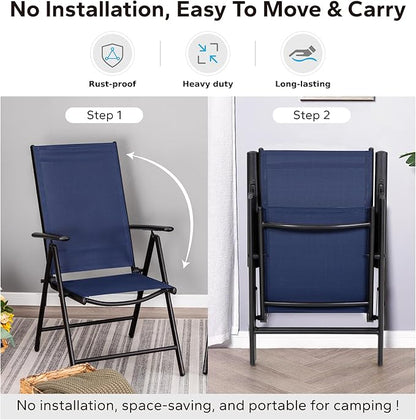 MFSTUDIO Patio Folding Chairs Set of 6, Outdoor Patio Dining Chairs, Portable Blue Sling Patio Chairs, 7 Levels Adjustable Sling Back Chairs for Backyard Lawn Garden