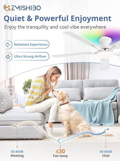 ZMISHIBO 52 Inch Ceiling Fan with RGB Lights, Low Profile Flush Mount with Alexa/App/Remote, Dimmable 20W LED Light, White Modern for Living Room, Bedroom, Game Room