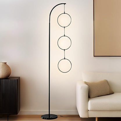 Brightech Nova Modern Floor Lamp Matches Living Room Décor - Contemporary Arc Tall Lamp with 3-Circle Ring-Style Pendant - Over The Couch Standing on Arching Pole - Eclectic- Black