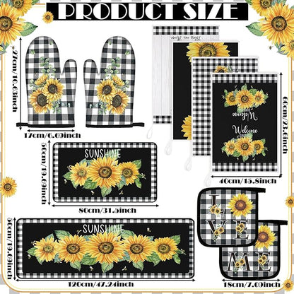 Fourluoo 10 Pcs Sunflower Kitchen Decor 4 White and Black Buffalo Plaid Kitchen Towels 2 Buffalo Check Pot Holders 2 Rustic Sunflower Oven Mitts 2 Yellow Rugs for Cooking Baking Mom Housewarming Gift