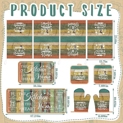 Fourluoo 10 Pcs Farmhouse Kitchen Decor and Accessories Set 4 Kitchen Towels 2 Pot Holders 2 Oven Mitts 2 Rugs for Cooking Baking Mom Housewarming Gifts(Vintage Wood Grain,Classic Style)