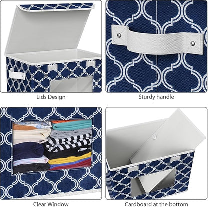 Univivi Fabric Foldable Storage Boxes [4-Pack] Large Collapsible Stackable Storage Bins with Lids, Closet Organizers and Storage Cube Basket for Home, Office, Bedroom (Blue Lantern, 17”x 12” x 12”)