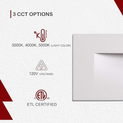 Ciata LED Stair Lights - 3 CCT Options (3000K/4000K/5000K) | 3 Watt Step Lights for Indoor and Outdoor Stairs | Ideal for Home Theater and Outdoor Stairway Lighting | White Finish, Horizontal