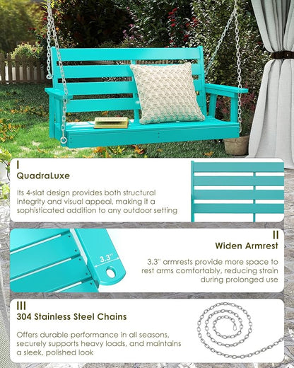 GREENVINES Porch Swing | 51’’ | HDPE Plastic | for Outdoor Patio | All Weather | Waterproof Bench Swings | w/ 4 Stainless Steel Chains | Aqua
