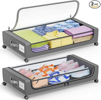 Camkey® Under Bed Storage with 360° Wheels, 2-Pack, 60L Low-Profile Rolling Underbed Bins for Clothes, Shoes, Toys & Books — Easy Pull-Out, Dust Protection, Space-Saving Organizer for Bedroom/Dorm