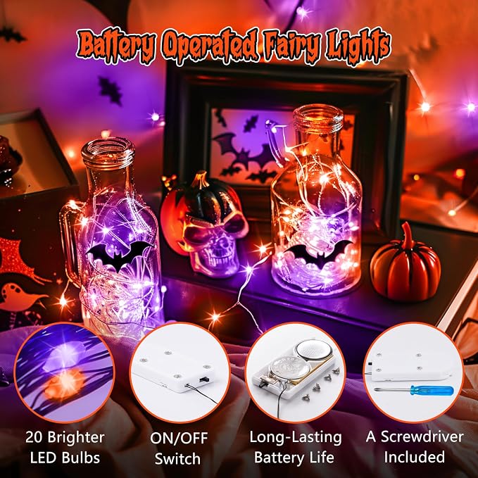 Brightown 12 Pack Purple Orange Fairy Lights Battery Operated String Lights - 7ft 20 LED Waterproof Short Micro Firefly Light for Halloween Decor, Pumpkin DIY Craft, Paper Lantern Decoration
