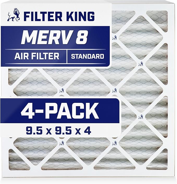 Filter King 9.5x9.5x4 Air Filter | 4-PACK | MERV 8 HVAC Pleated A/C Furnace Filters | MADE IN USA | Actual Size: 9.5 x 9.5 x 3.75"