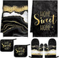 Bencailor 6 Pcs Marble Kitchen Decor Gold Pot Holders Oven Mitts 2 Dish Towels 2 Farmhouse Cooking Mittens Oven Glove and Potholder for Baking Cooking Grilling Supply Accessories(Black)