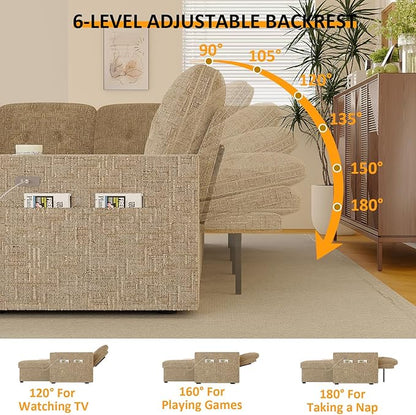 117" Sleeper Sofa Bed, U-Shaped Sofa with Dual Reversible Storage Chaise | Adjustable Backrest | Wide Armrest, Sectional Couches for Living Room, 4 in 1 Pull Out Couch Bed, Khaki Chenille