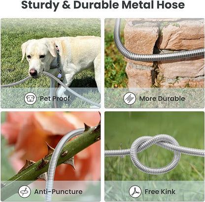 Girafe Tools Garden Hose 100ft x 5/8", 304 Stainless Steel Metal Water Hose, No Kink Garden Water Hose with 9 Pattern Spray Nozzle, Flexible, Lightweight, Kink Free Hose for Yard, Outdoor