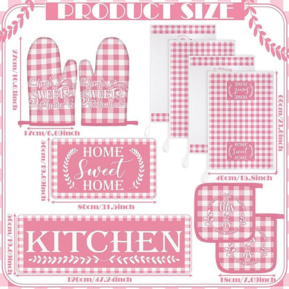 Fourluoo 10 Pcs Kitchen Set Kitchen Towels and Rugs Oven Mitts and Pot Holders Farmhouse Decor for Women Mom Gift Cooking Baking Grilling(Pink White)