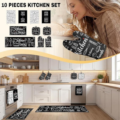 Black and White Kitchen Decor Set 10 Piece - Chalkboard Art Baking Theme Kitchen Rugs, Oven Mitts, Pot Holders and Towels - Modern Farmhouse Kitchen Rules Accessories