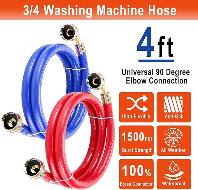 4 FT Rubber Washing Machine Hoses with 90 Degree Elbows by Fetechmate No-Lead Burst-proof Hot and Cold Water Supply Washer Hoses for Washing Machine - 2 Packs by Fetechmate
