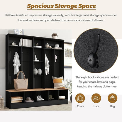 66.9" Wide Hall Tree with Storage Bench, Shoe Cabinet with Cube Storage & Shelves, Coat Rack with 8 Hooks for Entryways