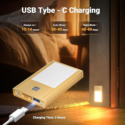 V4light Rechargeable Motion Sensor Night Lights, 8-Pack - Painted Gold Aluminum Alloy, Ultra-Compact Magnetic Mount, 3000K Warm White Glow, Ideal for Hallways, Bedrooms, Stairs & Nightly Use
