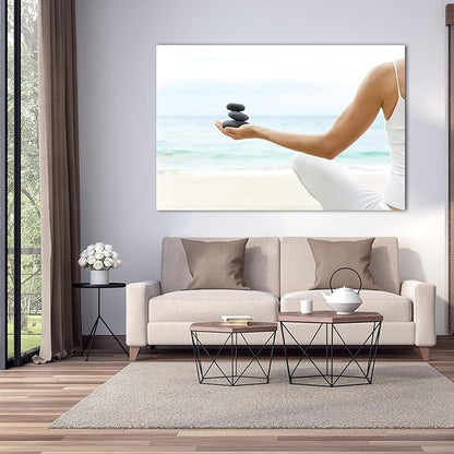 Zen Wall Art Decor, Modern Bathroom Zen Decor Wall Art, Large Relaxing Canvas Wall Art for Spa Zen Room Decor, Meditation Facing The Sea and Pebble Art Paintings for Office & Spa Decor 32x48 Inches