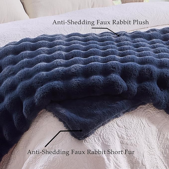 BENVWE Fluffy Faux Fur Throw Blanket for Couch, Soft Plush Thick Cozy Fuzzy Luxury Minky Bubble Blanket for Home Living Room Decor Gift for Women, Navy Blue, 51" x 63", 1100GSM
