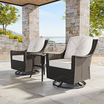 COOS BAY Stone Harbor Patio Bistro Set, 3 Piece Rattan Patio Table and Chairs Set, Wicker Swivel Rockers with Side Table, Small Balcony Furniture Set, Brown/Beige