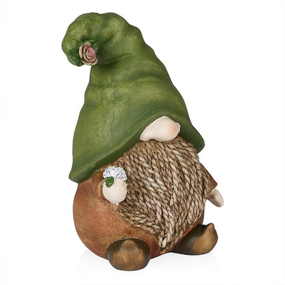 Alpine Corporation QWR1442 Outdoor Gnome with Green Hat Holding a Flower for Garden, Patio, and Lawn, 10" H, Multicolor
