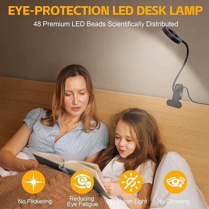 Foneso Desk Lamp Clip on Light, 48 LED USB Lamp with 3 Color Modes 10 Brightness Levels, 360° Flexible Gooseneck Eye Protection Bed Night Light for Reading, Makeup, Craft (Black)