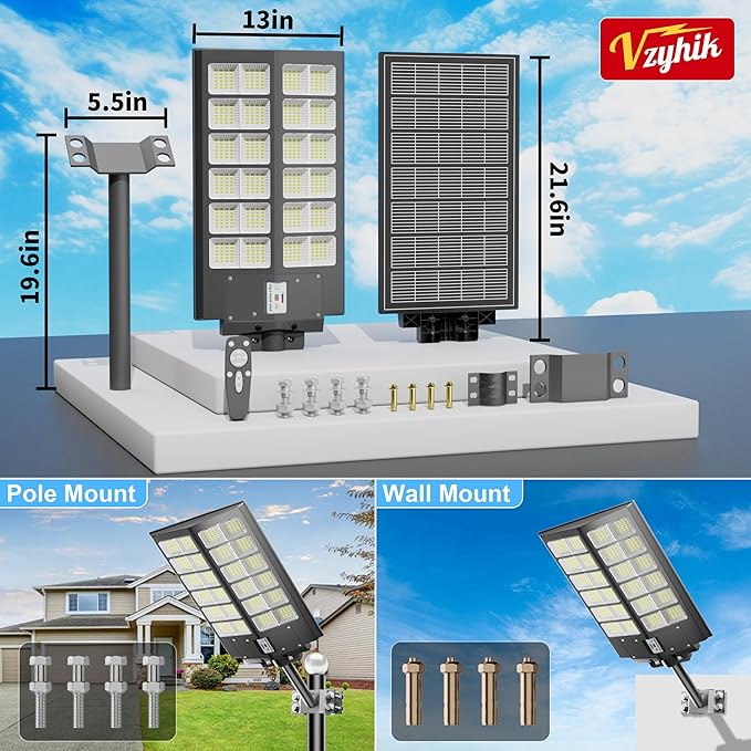 9000W Commercial Solar Parking lot Lights, 260000LM Solar Street Lights Outdoor Waterproof Wide Angle Lamp with Remote, Outdoor Motion Sensor Light for Parking Lots and Yard