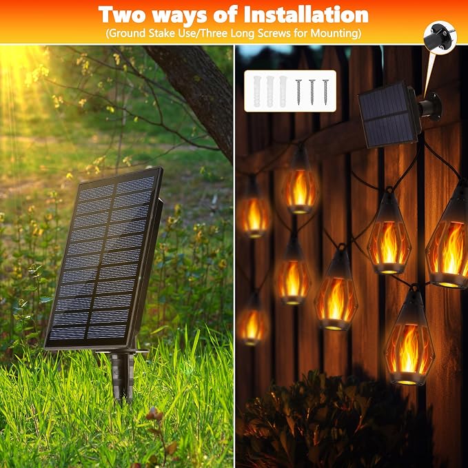 iBaycon Solar Flame Lights, 27Ft 10 LED Bulbs Flickering Flame String Light, Outdoor Waterproof Solar Flame Lights for Garden Yard Lawn Patio Decorations (Warm White)