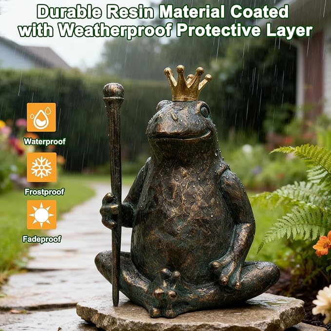 Frog Garden Statue,11.5" H×9.8" L Animal Figurines Garden Decor, Weather-Resistant Outdoor & Indoor Sculptures & Statues for Home,Patio,Yard and Entryway-Seated Frog with Scepter