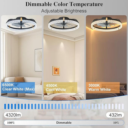 DIAMONDFORGE Ceiling Fans with Lights and Remote Fandelier - Low Profile Modern - 20'' Flush Mount Ceiling Fans for Bedroom,Stepless Color Temperature and 6 Speeds- Black and Crystal