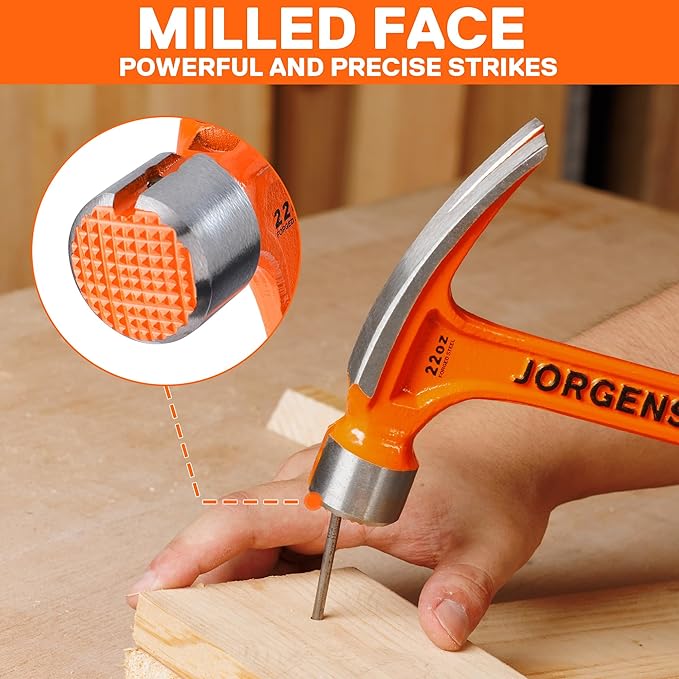 Jorgensen 22 oz Framing Hammer, Straight Claw Hammer with Magnetic Nail Holder, Rip Claw Hammer with Milled Face & Shock Absorbing Grip, Heavy Duty One-piece Forged Hammer