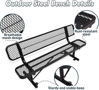 6FT Heavy Duty Park Bench with Back Portable Frame, Outdoor Metal Park Bench with Backrest, Steel Mesh Outdoor Bench for Garden, Lawn, Patio, Porch, Park, Yard (BLACK, 72.4" L x 23.2" W x 32.5" H)